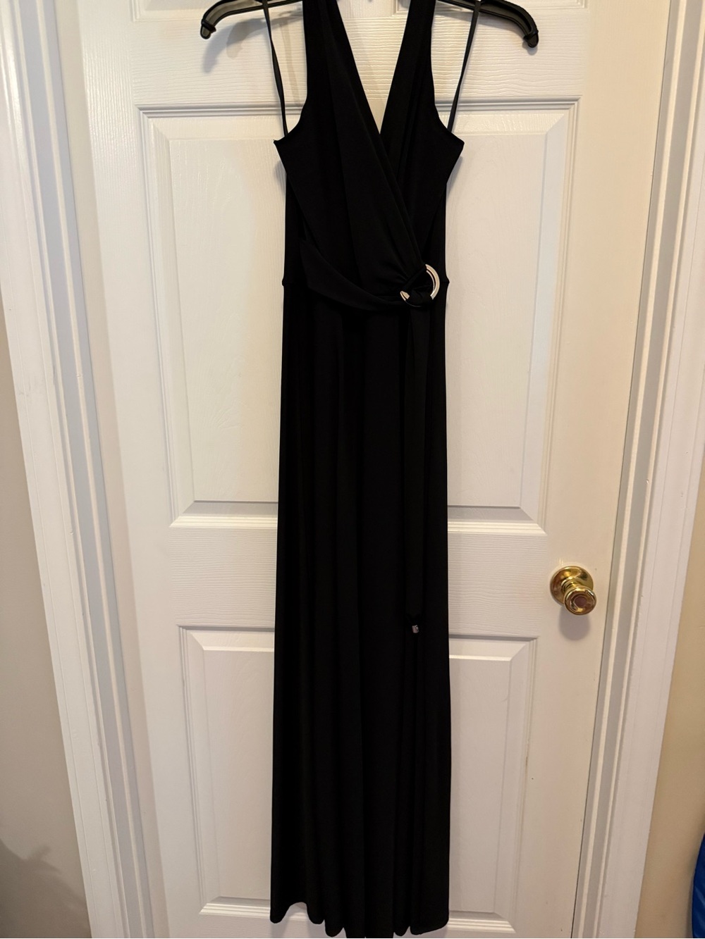 WHBM Black Halter Wrap-Front Maxi Dress with Side Ring